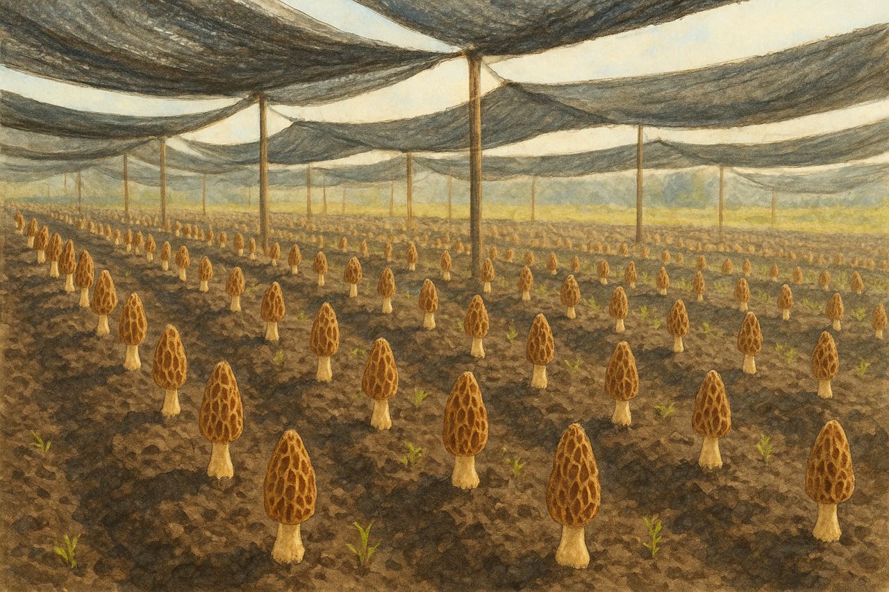 Champ de morilles cultivées sous filets d'ombrage, au Sichuan