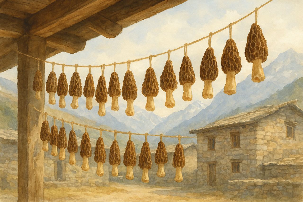 Morilles séchées à l'air libre, à l'ombre, dans un village de l'Himalaya